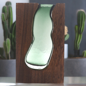 Lrg Glass Vase / Terarium inside Dark Tung Wood - 18x5x32cm