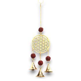 Indian Chimes - Brass Flower of Life with Rudraksha Beads - 3 Bells - 6x27cm