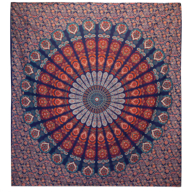 Double Cotton Bedspread + Wall Hanging - Peacock Mandala - Blue