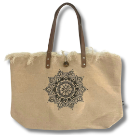 Natural Tote Bag Leather Handle - Flower of Life