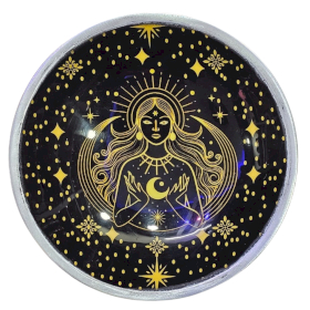 Triple Leg Enameled Offering Plate - Gold Goddess on Black