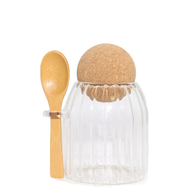 Sm Cottage Bamboo Glass Jar -  Ribbed & Spoon 10cm